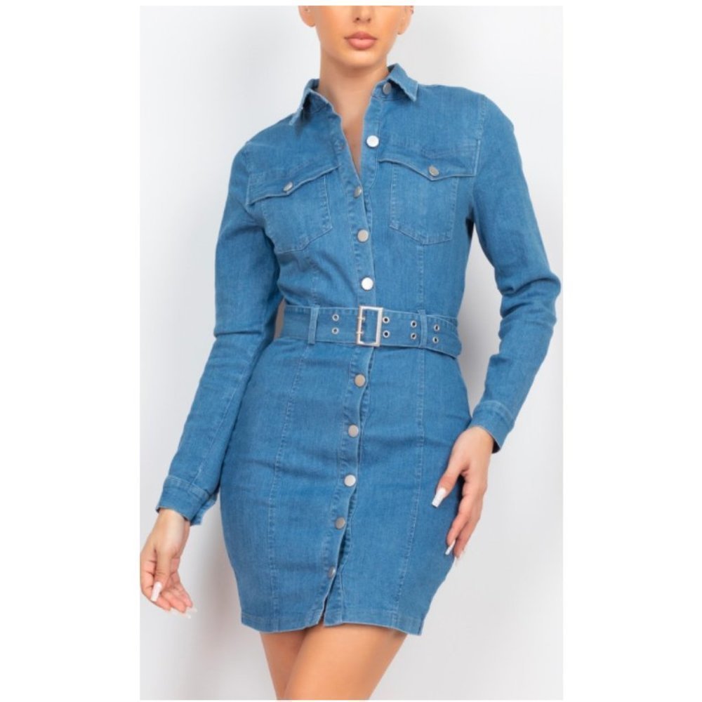 🆕 Button-Accented Belted Denim Shirt Dress